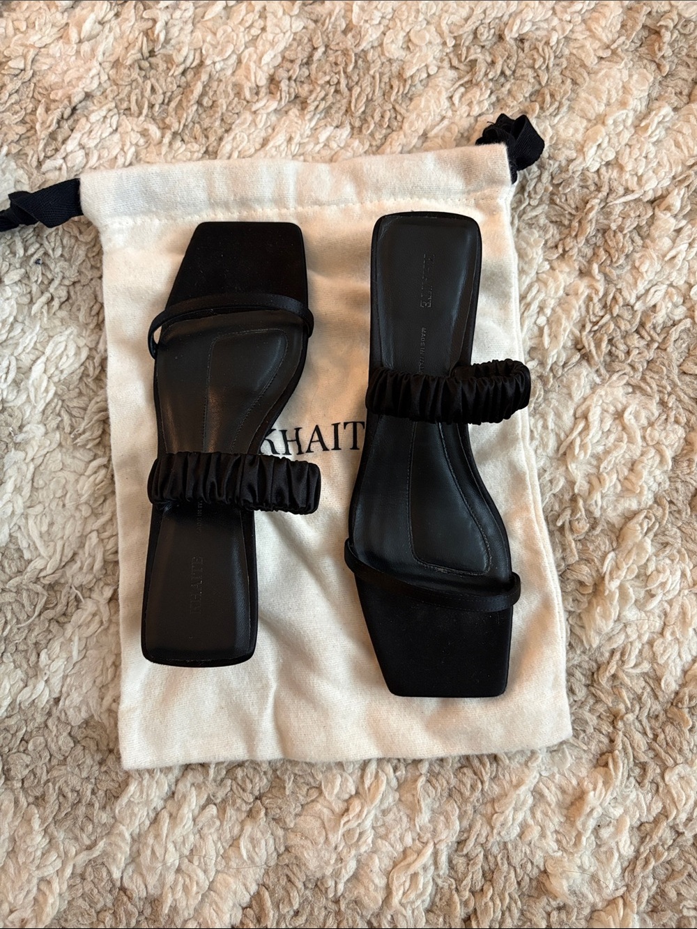 Khaite Black Ruched Strap Square-Toe Slide Sandals